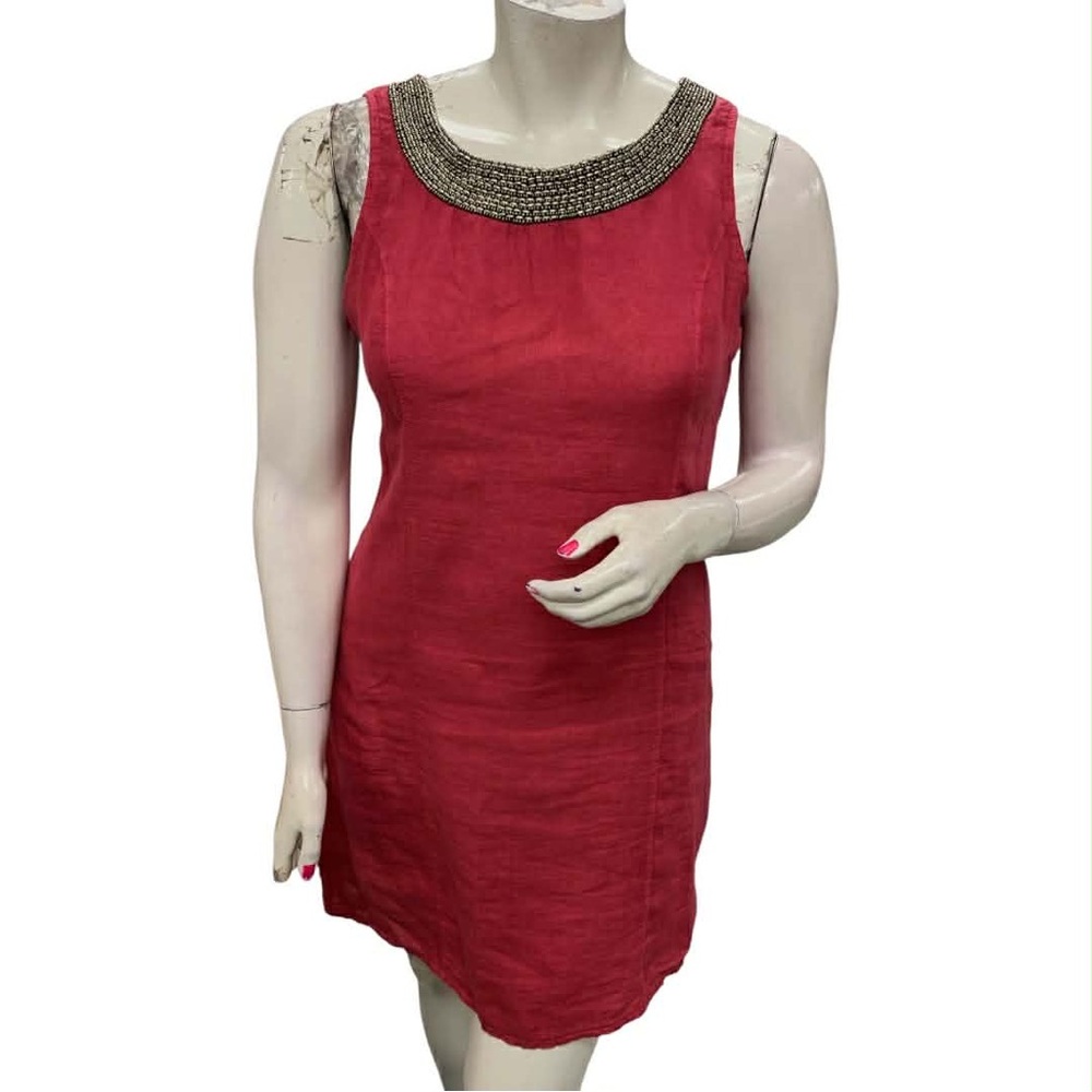Lungo L Arno Chic Sleeveless Pink Dress Linen with Embellished Neckline Size L